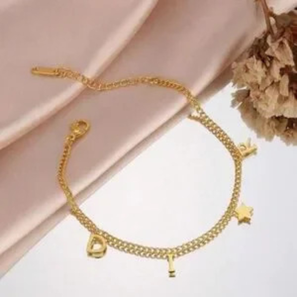 Gold Plated Stainless Steel Letter Charm Bracelet - Star Accent